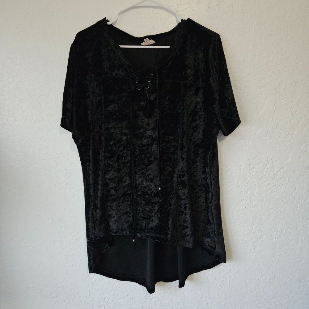 Crushed Velvet Black Lace-Up Asymmetrical Hem Blouse SZ S Grunge Witchy Goth